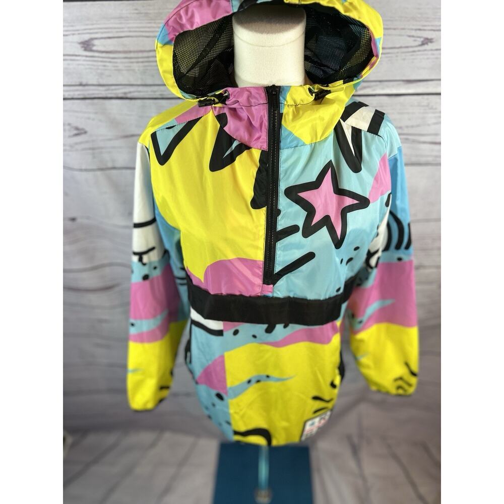Reason Windbreaker Jacket Womens S 90s Print Colorblock Hooded 1/4 Zip - Picture 2 of 7
